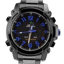 Weide Fashion Blue Letters Dual Time Display Dial LCD Quartz 24 Hours Black Steel Wrist WH-2302-BB
