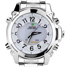 Weide Fashion White Dual Time Display Dial LCD Quartz 24 Hours Chrome Steel Band Wrist WH-2302W