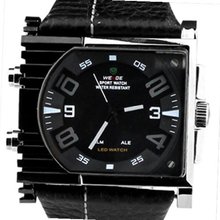 Weide Grey Letters Dual Time Display Dial Leather Strap Rectangular Wrist WH2301BG