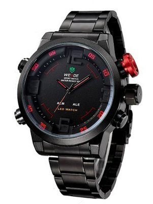 WEIDE  Military 3ATM LED Digital Analog Dual Time New Sports Quartz Wristes 6 Colors (Black Red)