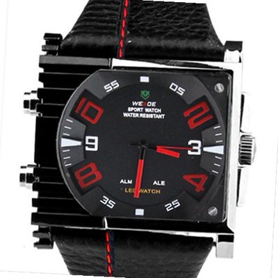 Weide Red Letter Dial Dual Time Display Automatic Quartz Leather Band Rectangular Wrist WH2301BR