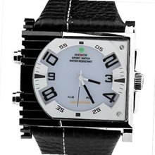 Weide Silver Case Black Dial Dual Time Digital Quartz Leather Strap Wrist WH2301WB