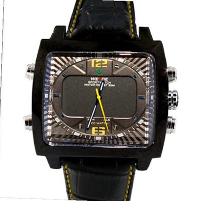 Weide Yellow Hands Black Dial Dual Time Display LED Quartz Leather Strap Rectangular Wrist WH2308-BY