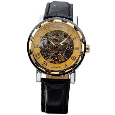 AMPM24 Hot Mechanical Analog Skeleton Golden Dial Sport Leather Wrist Gift PMW029