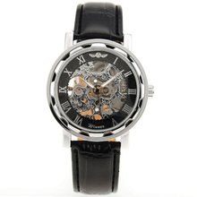 AMPM24 New Silver Skeleton Analogue Black Leather Mechanical