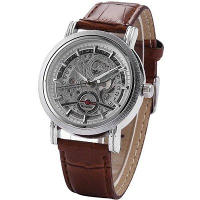 AMPM24 Silver White Skeleton Automatic Mechanical Date Leather Wrist PMW083