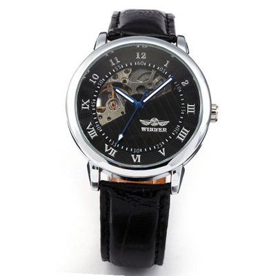 AMPM24 Skeleton Hollow Hand-winding Mechanical Black Dial Leather Wrist PMW065