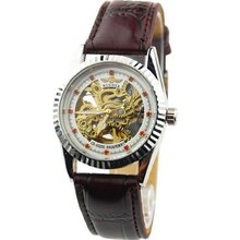 Fashion Classic Personality Lady Crystal Embed Absorb Light Oil Analog Display Automatic Mechanical Leather WY8029 Red-brown Belt Yellow-silver Dial
