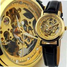 Fashion Luxury Classic Hollow-out Lady High-quality Leather Strap Automatic Mechanical Movement Analog Display 3A Austrian Crystal WY8037 Gold Color