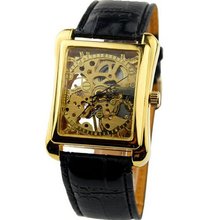 Leisure Luxury Classic Rectangle Male Automatic Mechanical Analog Display Black Leather Strap Simple Fashion WY8047 Gold Color