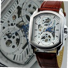 Personality Fashion Unisex Classical Hollow-out Dial Unique Pointer High-quality Leather Strap Analog Automatic Mechanical Movement WY8035(Brown Color)