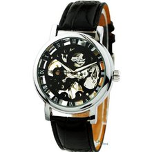 Stylish high Quality Fashion Unisex Creative Hollow-out Dial Luminous Hands mechanical movement Black Leather Belt WU8049