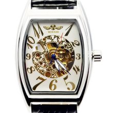 Winner Tonneau  Skeleton White Dial Hand Wind Mechanical Pu Leather