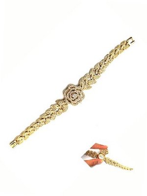 Rhinestone Studded Rose Bracelet Ladies Gold Tone Flower Wrist Fashion