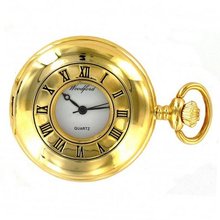 Woodford Gold plated Half Hunter Quartz Analogue 1232 with Chain and Roman Dial (Suitable for Engraving)