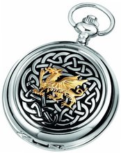 Woodford Quartz Pocket , 1912/Q, Chrome-Finished Gilt Welsh Dragon Pattern with Chain (Suitable for Engraving)