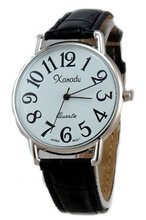 uXanadu Ladies Silver Tone Case Black Leather with Easy to Read Dial 