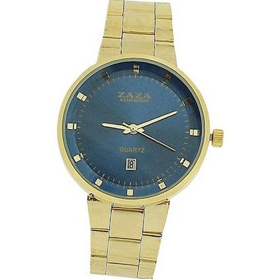 Zaza London Gents Date Blue Large Dial Gold Metal Strap Dress MMB640