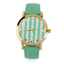 Mint Green Striped Round Face Faux Leather Band Quartz
